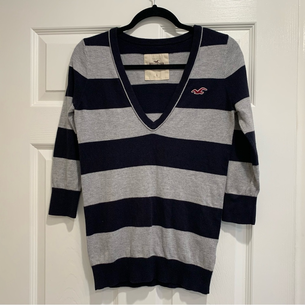 Hollister Striped Navy and Gray Pullover